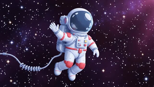 Cute cartoon astronaut floating in outer space with stars and nebula.