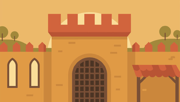 Golden medieval castle gate featuring sturdy stone fortress walls and green trees under a warm orange sunset sky.