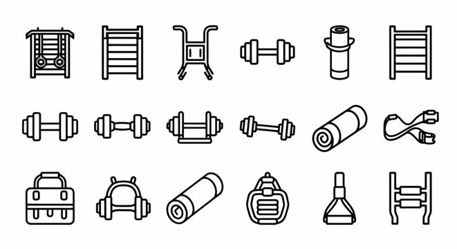Fitness gym equipment collection with exercise icons for weight training