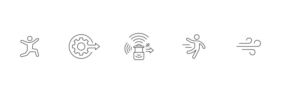 Dynamics and movement line icon set representing jumping gear output radar tracking slipping and wind.