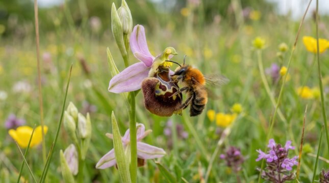 Beautiful close up view of wild bee orchid blossom being pollinated by honeybee inside bright green wildflower meadow