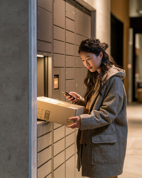 Resident collecting a parcel from an apartment locker
