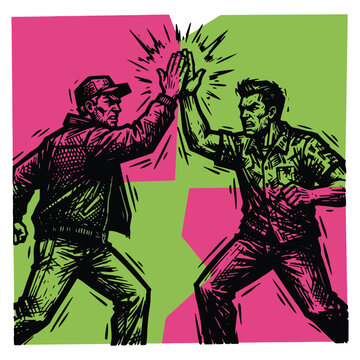 Industrial construction workers giving high five in teamwork vector illustration