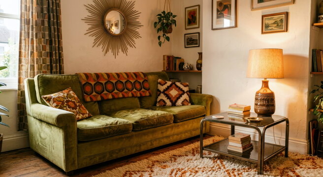 Retro living room corner with avocado velvet sofa, smoked glass side table, sunburst mirror, shag rug, and ceramic lamp.