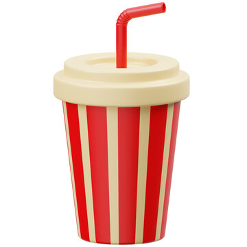 3D clay soda cup red white stripes with straw, cinema movie drink beverage concession icon, transparent PNG
