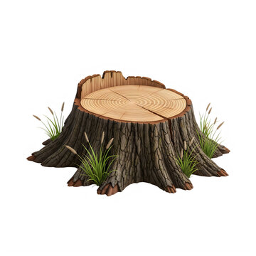 Weathered tree stump with green grass on transparent background with displays detailed weathered