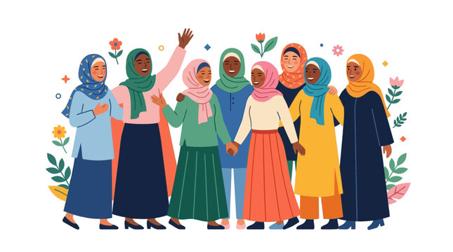 Diverse group of happy Muslim women standing together in traditional hijab clothing.