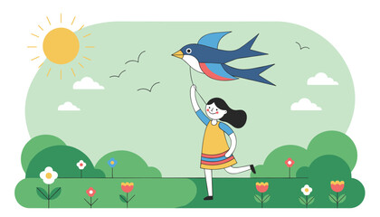 Fototapeta premium Happy young girl running in a sunny green meadow while flying a colorful bird shaped kite high in the blue sky.
