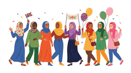 Fototapeta premium Group of diverse happy Muslim women celebrating together with balloons and flags.