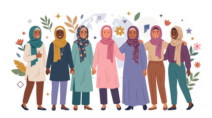 Obraz premium Diverse group of women wearing hijabs standing together in a friendly community illustration.