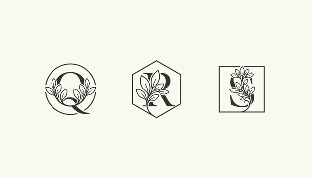 Minimalist monograms with letters Q, R, and S adorned with elegant leafy branches in different geometric shapes.