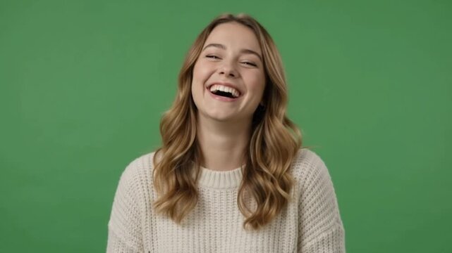 Happy young woman with long wavy brown hair laughing out loud against green screen background.