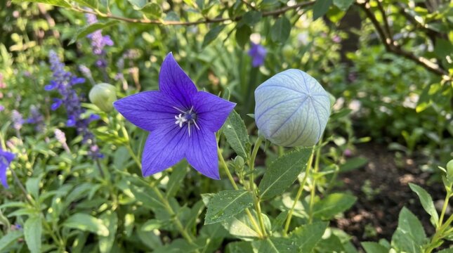 Beautiful close up view of individual violet balloon flower platycodon grandiflorus star bloom and puffy bud inside meadow