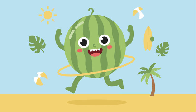 Happy cartoon watermelon character playing with a hula hoop on a sunny tropical beach during summer vacation.