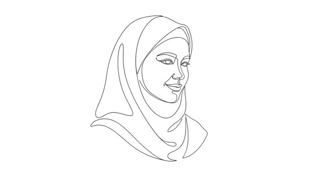 Minimalist continuous line art drawing of a beautiful Muslim woman wearing a traditional hijab headscarf.