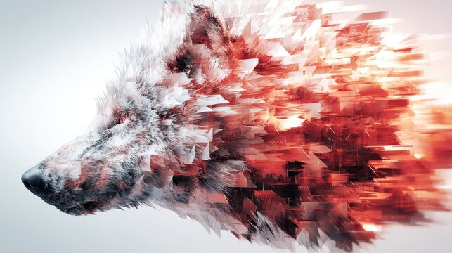 Abstract red and white crystal wolf head profile.