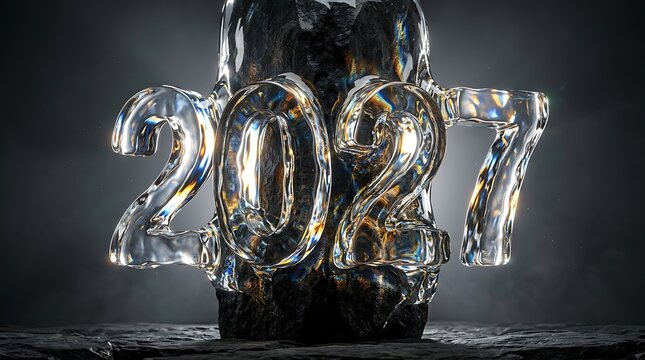Three dimensional glass numbers 2027 glowing on a dark textured stone surface for new year celebration