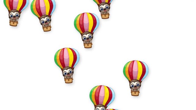 Cartoon Sloths Falling in Colorful Hot Air Balloons on White Background