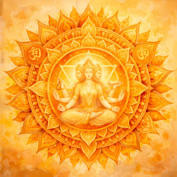 Goddess Gayatri Meditating in Golden Sun Mandala for Gayatri Jayanti Festival