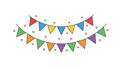 Obraz premium Two hanging strands of colorful triangular party flags surrounded by white confetti over a clean white background.