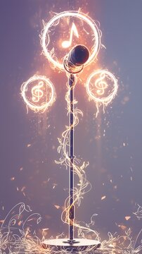 Vertical glowing neon vintage microphone wrapped with luminous vine lines, glowing treble clef and note circular light frames, warm golden sparkles,music concert party festival
