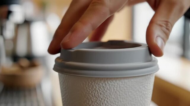 Hands placing a lid on a paper coffee cup in a cafe 4K Video