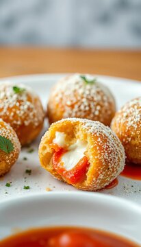Tasty arancini filled with mozzarella and tomato sauce, italian food, doodle style