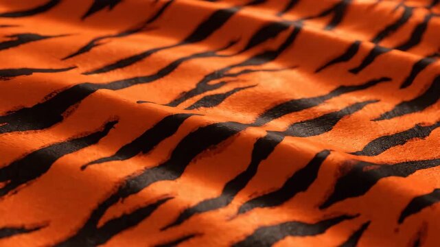 Abstract orange and black fabric texture with flowing tiger stripes pattern moving gently in a rhythmic wave