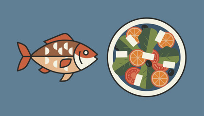 Fototapeta premium Healthy diet concept with a roasted fish and a fresh salad plate containing tomatoes, oranges, and feta cheese.
