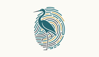 Obraz premium Stylized illustration of a majestic blue heron standing gracefully in front of a circular fingerprint pattern.