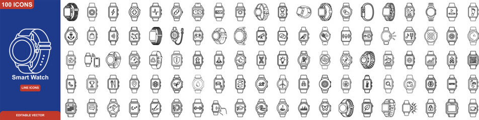 Fototapeta premium Smart Watch Line Icon Set. Containing Icons for Fitness Tracking, Heart Rate Monitoring, Smart Notifications, and Health Biometrics