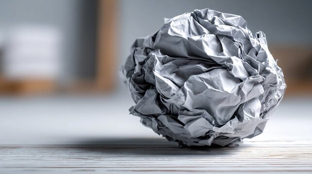 Crumpled paper ball on desk isolated on white background, symbolizing failed idea, discarded effort, challenge, guidance, learning from mistakes, reflection, creativity, and conceptual metaphor