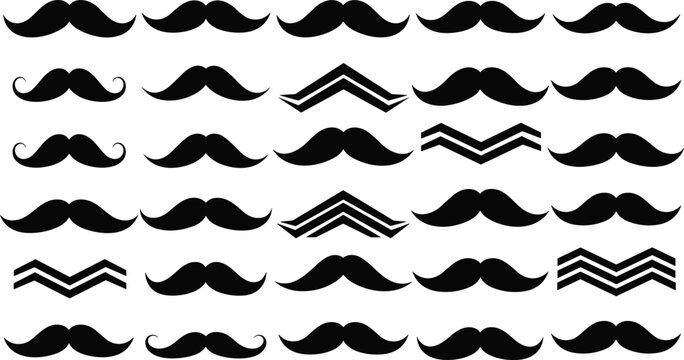 Mustache icons, black barber shop silhouettes, vintage facial hair symbols, solid silhouette vector for mens grooming, fashion and masculine style