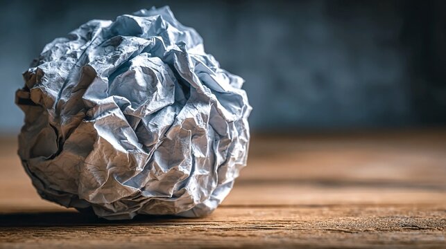 Crumpled paper ball on desk isolated on white background, symbolizing failed idea, discarded effort, challenge, guidance, learning from mistakes, reflection, creativity, and conceptual metaphor