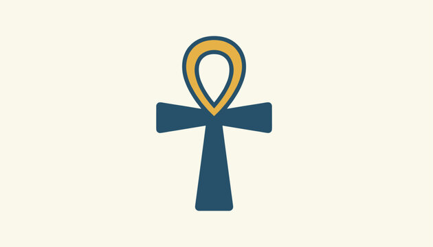 Egyptian ankh symbol icon in blue and gold representing life and immortality isolated on cream background.