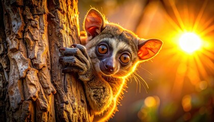 Fototapeta premium Curious small primate peeking from tree at golden sunset