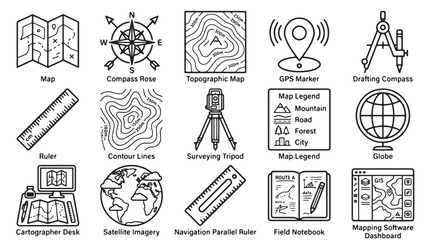 Cartography and map making line icons, 15 geography and navigation vector elements, topographic surveying and land measurement tools © Rosie