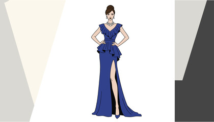 Obraz premium Fashion sketch of an elegant woman wearing a beautiful royal blue evening gown with a high slit and ruffles.