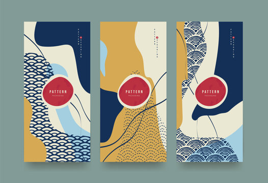 Set of Packaging templates japanese retro style background fabric luxury or premium products. Asian pattern art design.