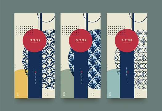 Set of Packaging templates japanese style background fabric luxury or premium products. Asian pattern art design.