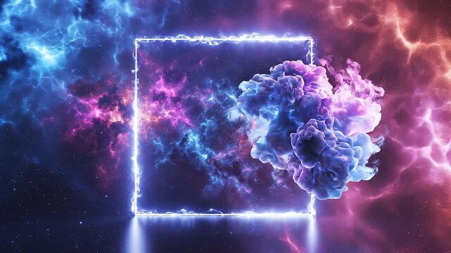 looping 3d animation. Abstract neon background with glowing square shape and spinning cloud. Blank geometric frame in the sky