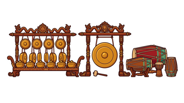 Traditional Indonesian Gamelan Music Instruments - Gong, Bonang, Kendang, Drums