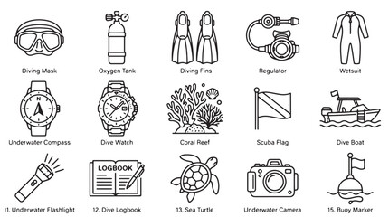 Scuba diving line icons set, 15 underwater exploration vector elements, professional diving equipment and marine life symbols for travel infographics © Rosie