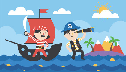 Naklejka premium Adventurous pirate children sail on their ship and look out to a tropical treasure island under a bright sunny sky.