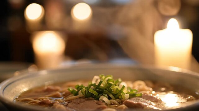 Steaming Bowl of Ramen Noodle Soup in Warm Candlelight 4K Video