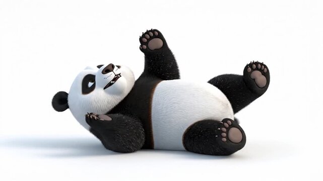 A cute cartoon panda bear is lying on its back happily