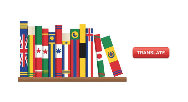 Global Language Translation Concept with Multilingual Books Decorated with World Flags and Red Translate Button on White Background