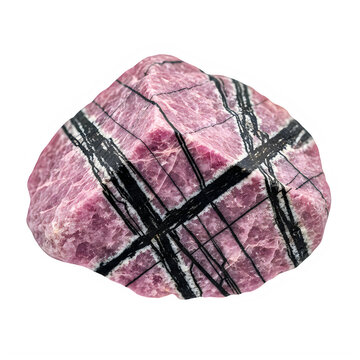 Natural rhodonite crystal rock specimen on transparent background with manganese veins transparent