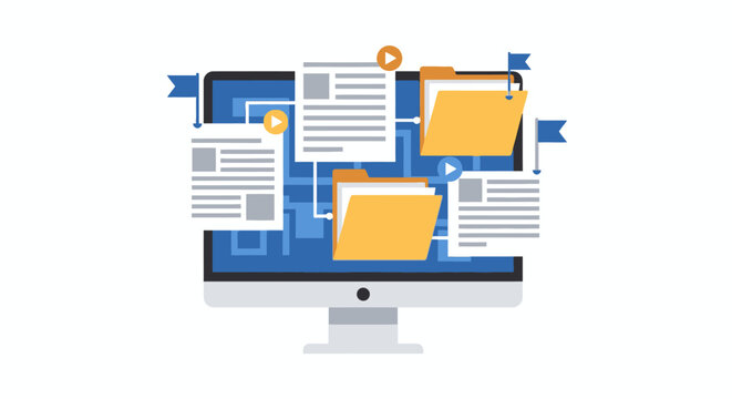 Digital File Management and Data Organization Concept Illustration on Desktop Computer Screen