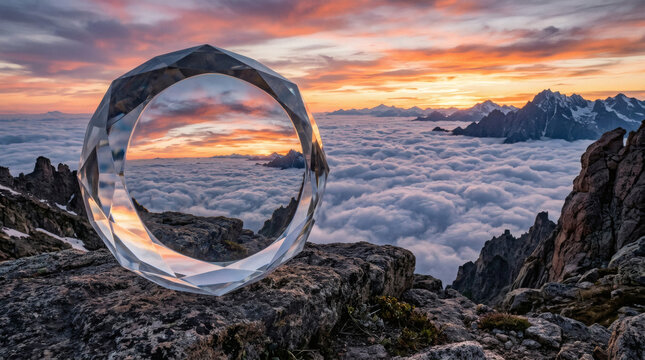 Giant Crystal Paperweight Overlooking Mountain Clouds at Sunset